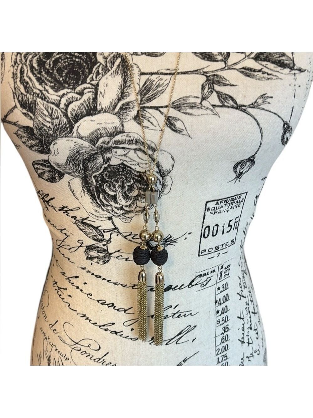 LOFT Victorian-Inspired Necklace Double Tassel Gold and Black 32”